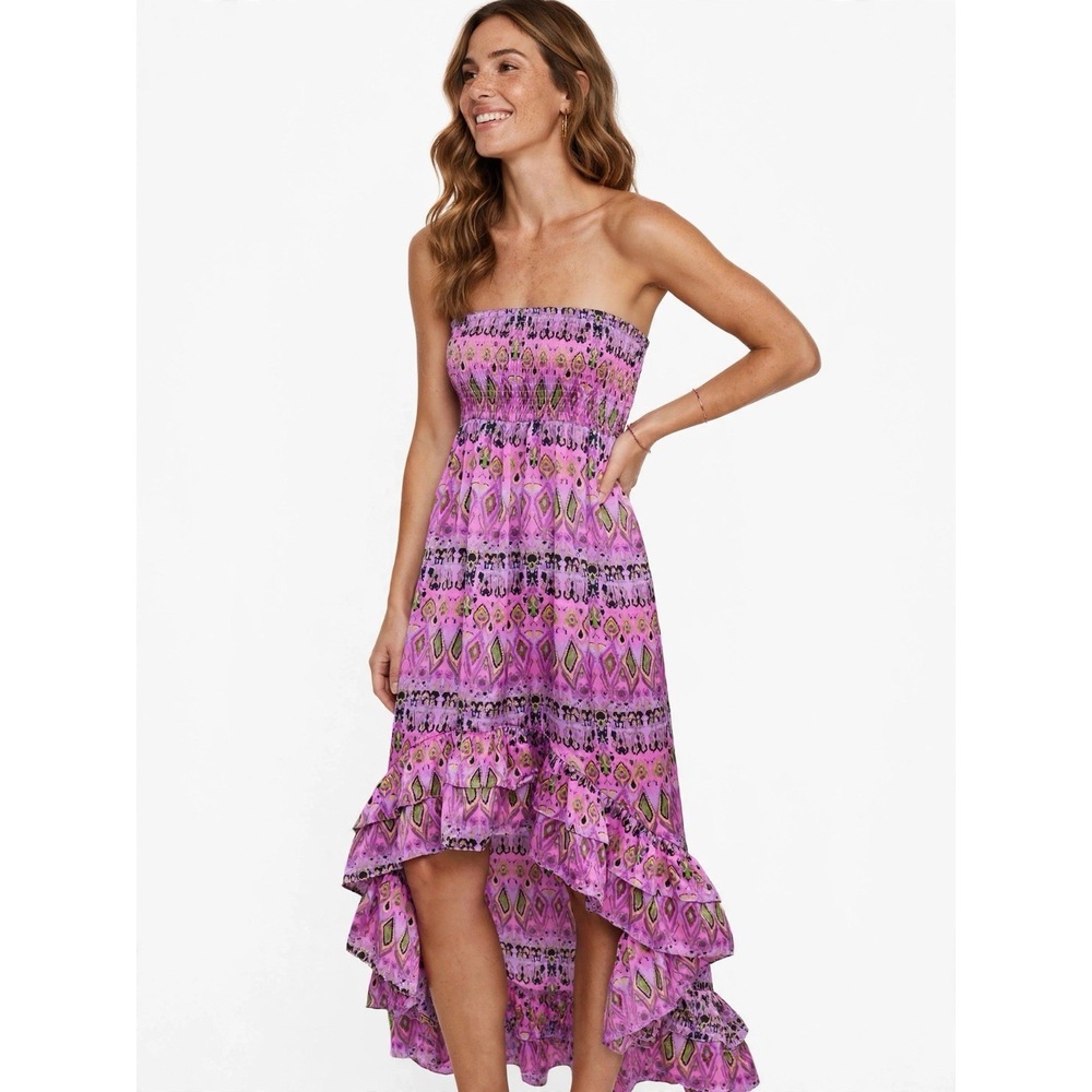 Classique Pink Purple Strapless Maxi Dress S Boho Ruffle Festival Y2K Vibes